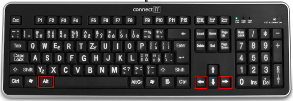 Klávesnice s&nbsp;vyznačením Alt a horiz. šipek